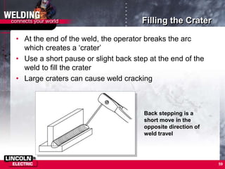 59
Filling the Crater
• At the end of the weld, the operator breaks the arc
which creates a ‘crater’
• Use a short pause or slight back step at the end of the
weld to fill the crater
• Large craters can cause weld cracking
Back stepping is a
short move in the
opposite direction of
weld travel
 