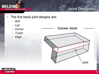 Joint Designs
• The five basic joint designs are:
– Butt
– Lap
– Corner
– T-joint
– Edge
62
 