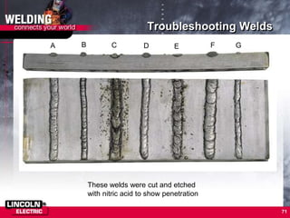 71
Troubleshooting Welds
A B C D E F G
These welds were cut and etched
with nitric acid to show penetration
 
