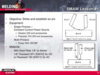 73
SMAW Lesson #1
• Objective: Strike and establish an arc
• Equipment:
– Single Process –
Constant Current Power Source
 Idealarc 250 and accessories
 Precision TIG 225 and accessories
– Multi-Process
 Power MIG 350 MP
• Material:
– Mild Steel Plate 1/8” or thicker
– 1/8” Fleetweld 5P+ (E6010) for DC
or Fleetweld 180 (E6011) for AC
 