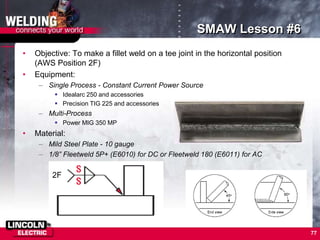 77
SMAW Lesson #6
• Objective: To make a fillet weld on a tee joint in the horizontal position
(AWS Position 2F)
• Equipment:
– Single Process - Constant Current Power Source
 Idealarc 250 and accessories
 Precision TIG 225 and accessories
– Multi-Process
 Power MIG 350 MP
• Material:
– Mild Steel Plate - 10 gauge
– 1/8” Fleetweld 5P+ (E6010) for DC or Fleetweld 180 (E6011) for AC
2F
 