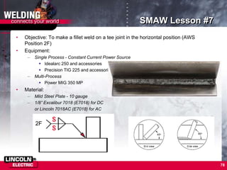 78
SMAW Lesson #7
• Objective: To make a fillet weld on a tee joint in the horizontal position (AWS
Position 2F)
• Equipment:
– Single Process - Constant Current Power Source
 Idealarc 250 and accessories
 Precision TIG 225 and accessories
– Multi-Process
 Power MIG 350 MP
• Material:
– Mild Steel Plate - 10 gauge
– 1/8” Excalibur 7018 (E7018) for DC
or Lincoln 7018AC (E7018) for AC
2F
 