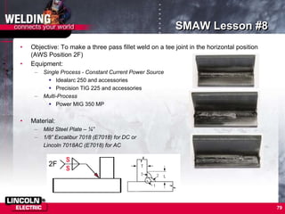 79
SMAW Lesson #8
• Objective: To make a three pass fillet weld on a tee joint in the horizontal position
(AWS Position 2F)
• Equipment:
– Single Process - Constant Current Power Source
 Idealarc 250 and accessories
 Precision TIG 225 and accessories
– Multi-Process
 Power MIG 350 MP
• Material:
– Mild Steel Plate – ¼”
– 1/8” Excalibur 7018 (E7018) for DC or
Lincoln 7018AC (E7018) for AC
2F
 