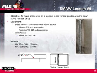 80
SMAW Lesson #9
• Objective: To make a fillet weld on a lap joint in the vertical position welding down
(AWS Position 3FD)
• Equipment:
– Single Process - Constant Current Power Source
 Idealarc 250 and accessories
 Precision TIG 225 and accessories
– Multi-Process
 Power MIG 350 MP
• Material:
– Mild Steel Plate - 10 gauge
– 1/8” Fleetweld 37 (E6013)
3FD
 