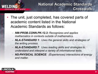 91
National Academic Standards
Crosswalk
• The unit, just completed, has covered parts of
academic content listed in the National
Academic Standards as follows:
– NM-PROB.CONN.PK-12.3: Recognizes and applies
mathematics in contexts outside of mathematics.
– NLA-STANDARD 1: Uses the general skills and strategies of
the writing process.
– NLA-STANDARD 7: Uses reading skills and strategies to
understand and interpret a variety of informational texts.
– NS-PHYSICAL SCIENCE: (Experiences) interactions of energy
and matter.
 