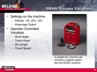 93
SMAW Process Variables
• Settings on the machine
– Polarity : AC, DC+, DC-
– Amperage Output
• Operator Controlled
Variables
– Work Angle
– Travel Angle
– Arc Length
– Travel Speed
A straight AC machine will
not have a polarity switch
like this AC/DC machine
 
