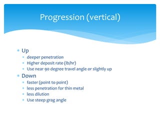 Up
 deeper penetration
 Higher deposit rate (lb/hr)
 Use near 90 degree travel angle or slightly up
 Down
 faster (point to point)
 less penetration for thin metal
 less dilution
 Use steep grag angle
Progression (vertical)
 