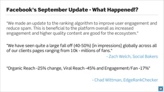 Facebook’s September Update - What Happened!?

“We made an update to the ranking algorithm to improve user engagement and
reduce spam. This is beneﬁcial to the platform overall as increased
engagement and higher quality content are good for the ecosystem.”


“We have seen quite a large fall off (40-50%) [in impressions] globally across all
of our clients pages ranging from 10k - millions of fans.”
                                                      - Zach Welch, Social Bakers

“Organic Reach -25% change, Viral Reach -45% and Engagement/Fan -17%”

                                              - Chad Wittman, EdgeRankChecker
 