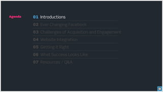 Agenda   01 Introductions
         02 Ever Changing Facebook
         03 Challenges of Acquisition and Engagement
         04 Website Integration
         05 Getting it Right
         06 What Success Looks Like
         07 Resources / Q&A
 