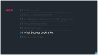 Agenda   01 Introductions
         02 Ever Changing Facebook
         03 Challenges of Acquisition and Engagement
         04 Website Integration
         05 Getting it Right
         06 What Success Looks Like
         07 Resources / Q&A
 