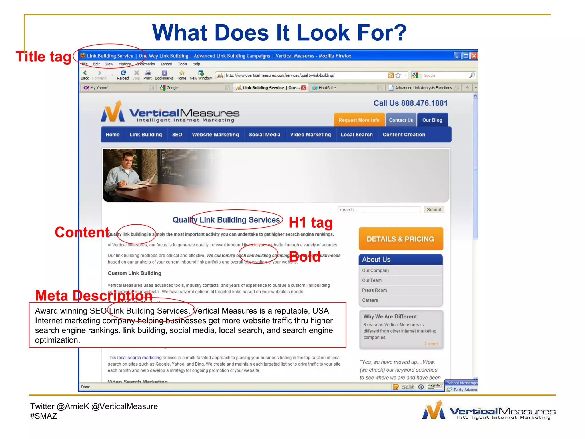 Title tag Content H1 tag Bold What Does It Look For? Twitter @ArnieK @VerticalMeasure #SMAZ Meta Description Award winning SEO Link Building Services. Vertical Measures is a reputable, USA Internet marketing company helping businesses get more website traffic thru higher search engine rankings, link building, social media, local search, and search engine optimization.  