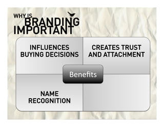WHY IS
  BRANDING
IMPORTANT
    INFLUENCES         CREATES TRUST
  BUYING DECISIONS    AND ATTACHMENT


               Ben...