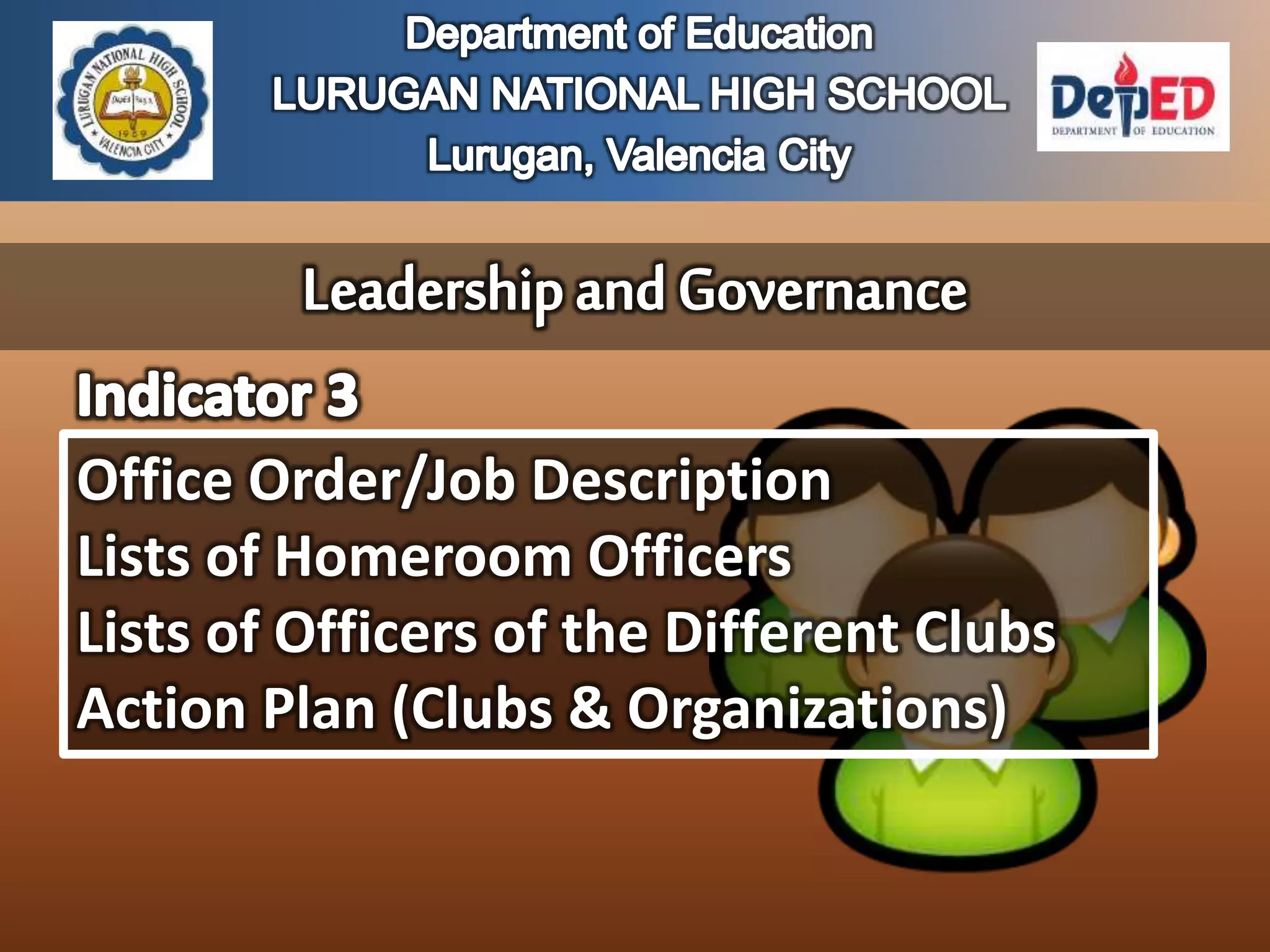 Office Order/Job Description
Lists of Homeroom Officers
Lists of Officers of the Different Clubs
Action Plan (Clubs & Organizations)
 