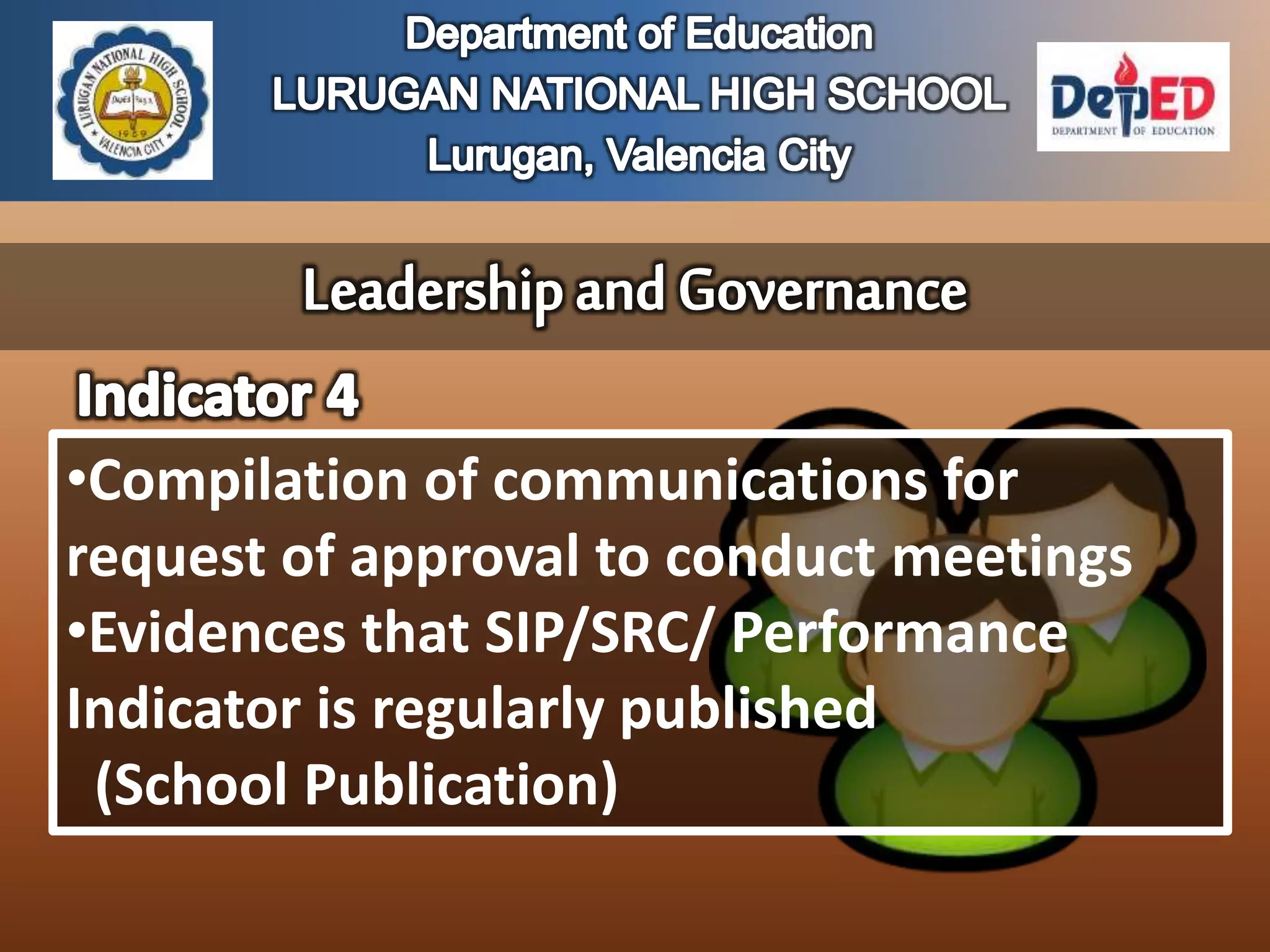 •Compilation of communications for
request of approval to conduct meetings
•Evidences that SIP/SRC/ Performance
Indicator is regularly published
(School Publication)
 