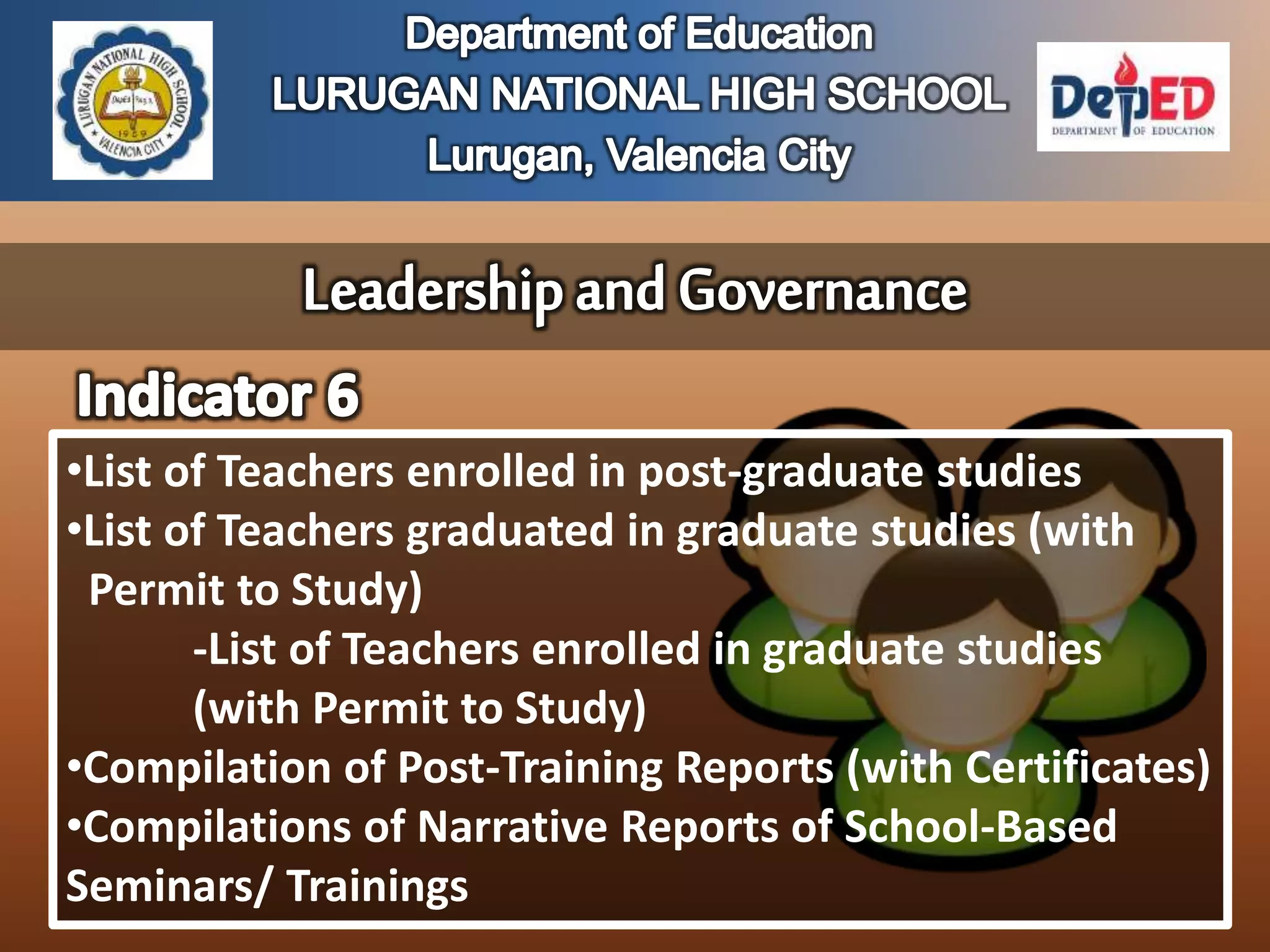 •List of Teachers enrolled in post-graduate studies
•List of Teachers graduated in graduate studies (with
Permit to Study)
-List of Teachers enrolled in graduate studies
(with Permit to Study)
•Compilation of Post-Training Reports (with Certificates)
•Compilations of Narrative Reports of School-Based
Seminars/ Trainings
 