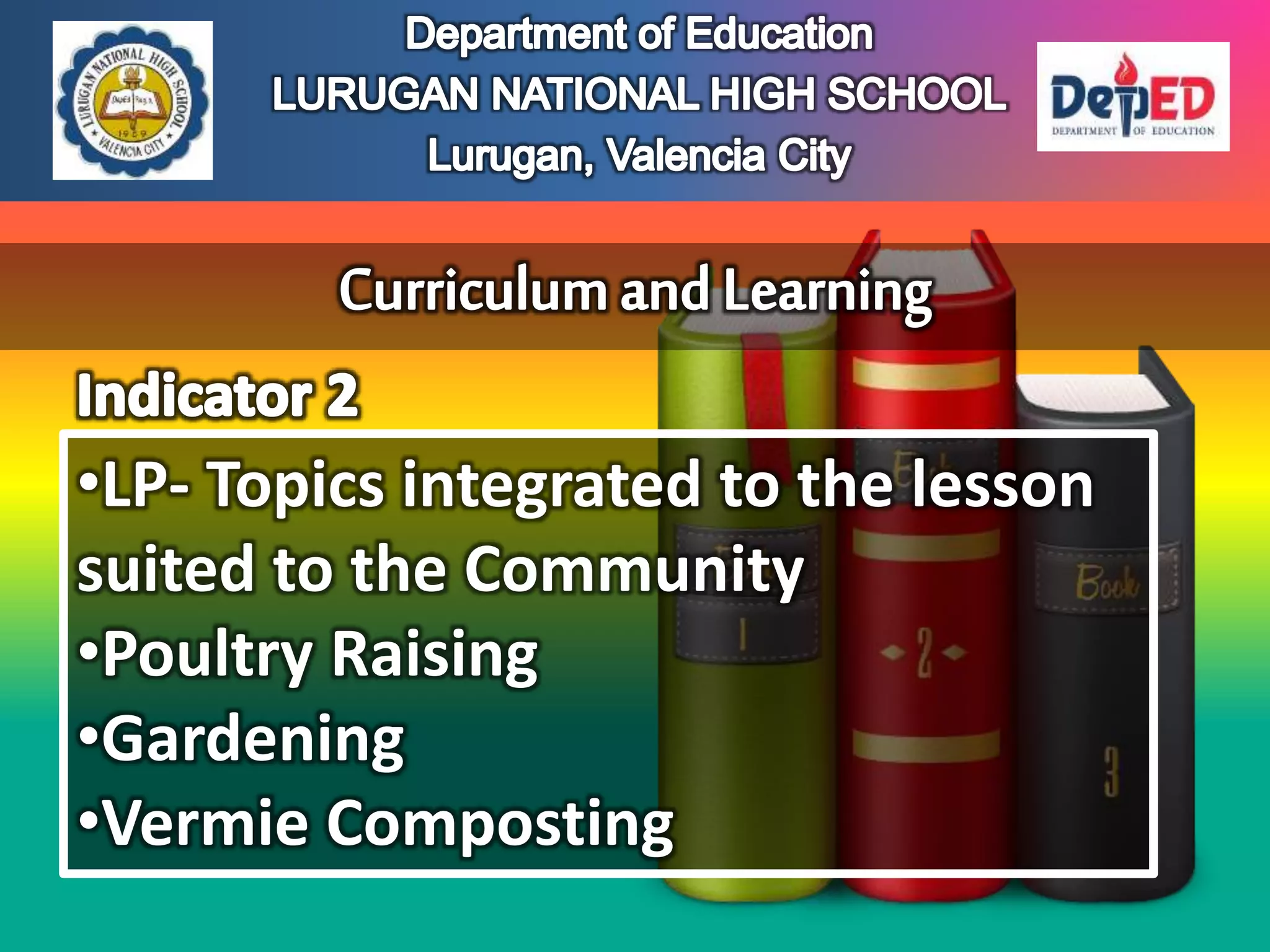 •LP- Topics integrated to the lesson
suited to the Community
•Poultry Raising
•Gardening
•Vermie Composting
 