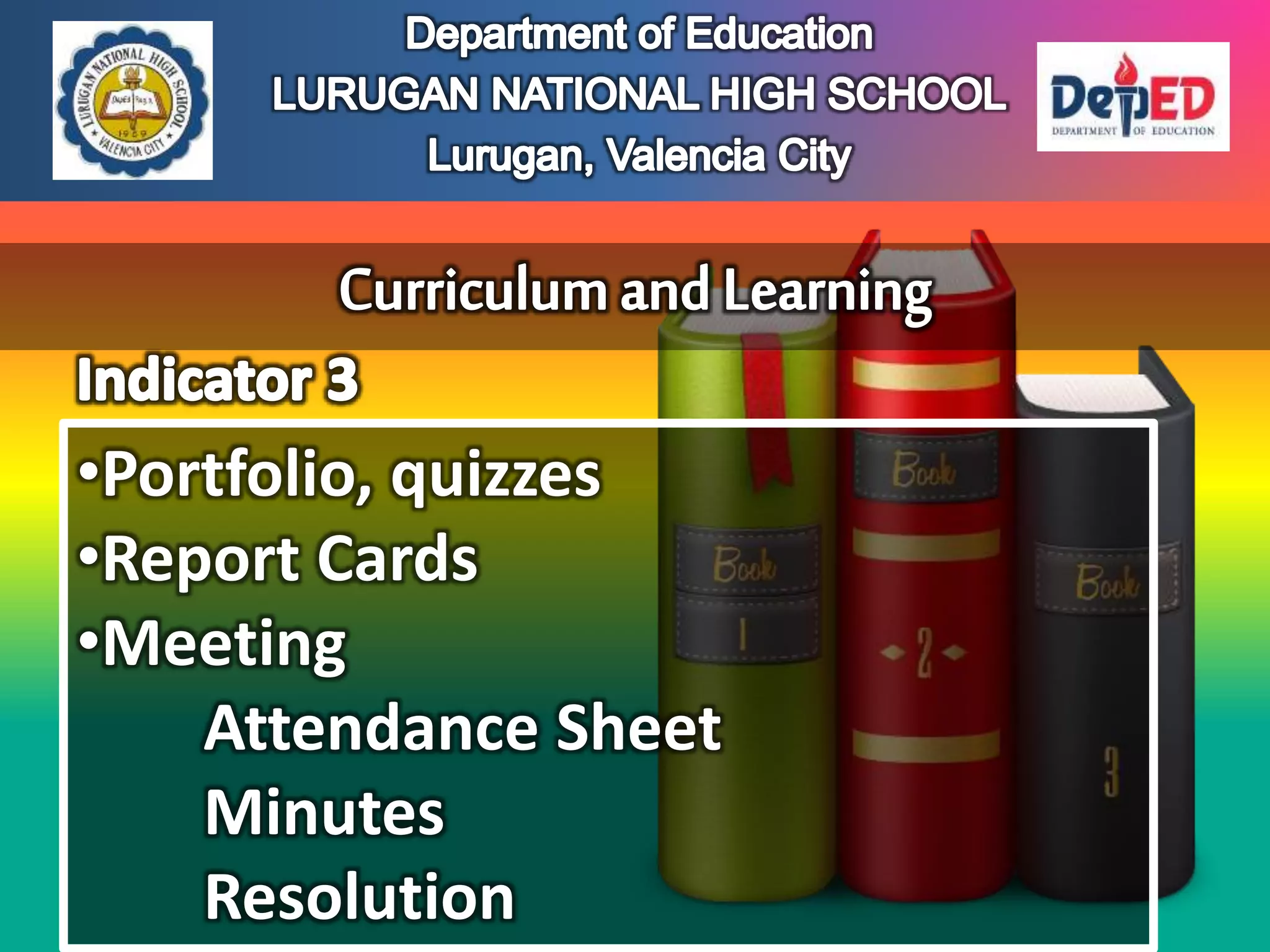 •Portfolio, quizzes
•Report Cards
•Meeting
Attendance Sheet
Minutes
Resolution
 