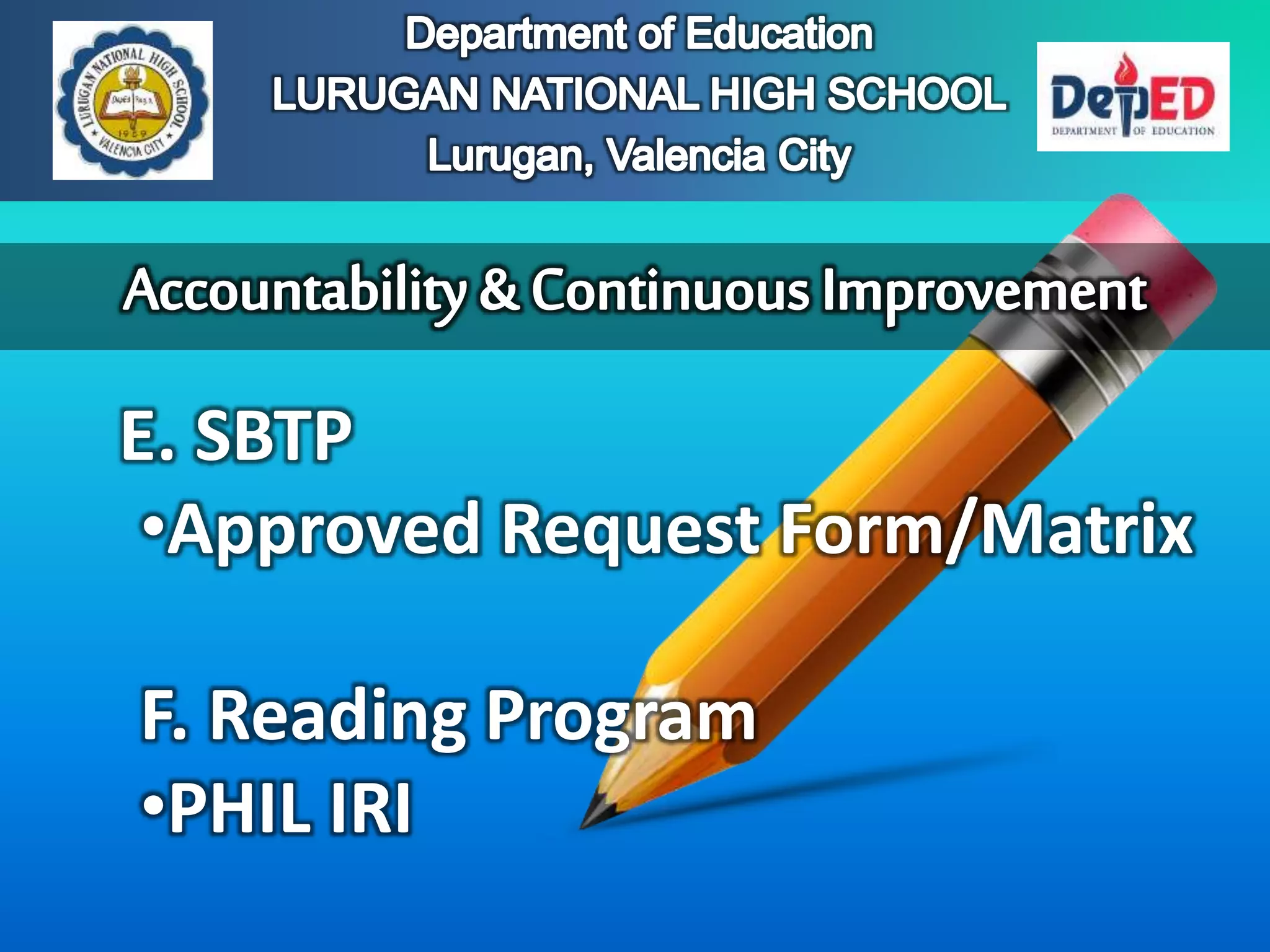 E. SBTP
•Approved Request Form/Matrix
F. Reading Program
•PHIL IRI
 