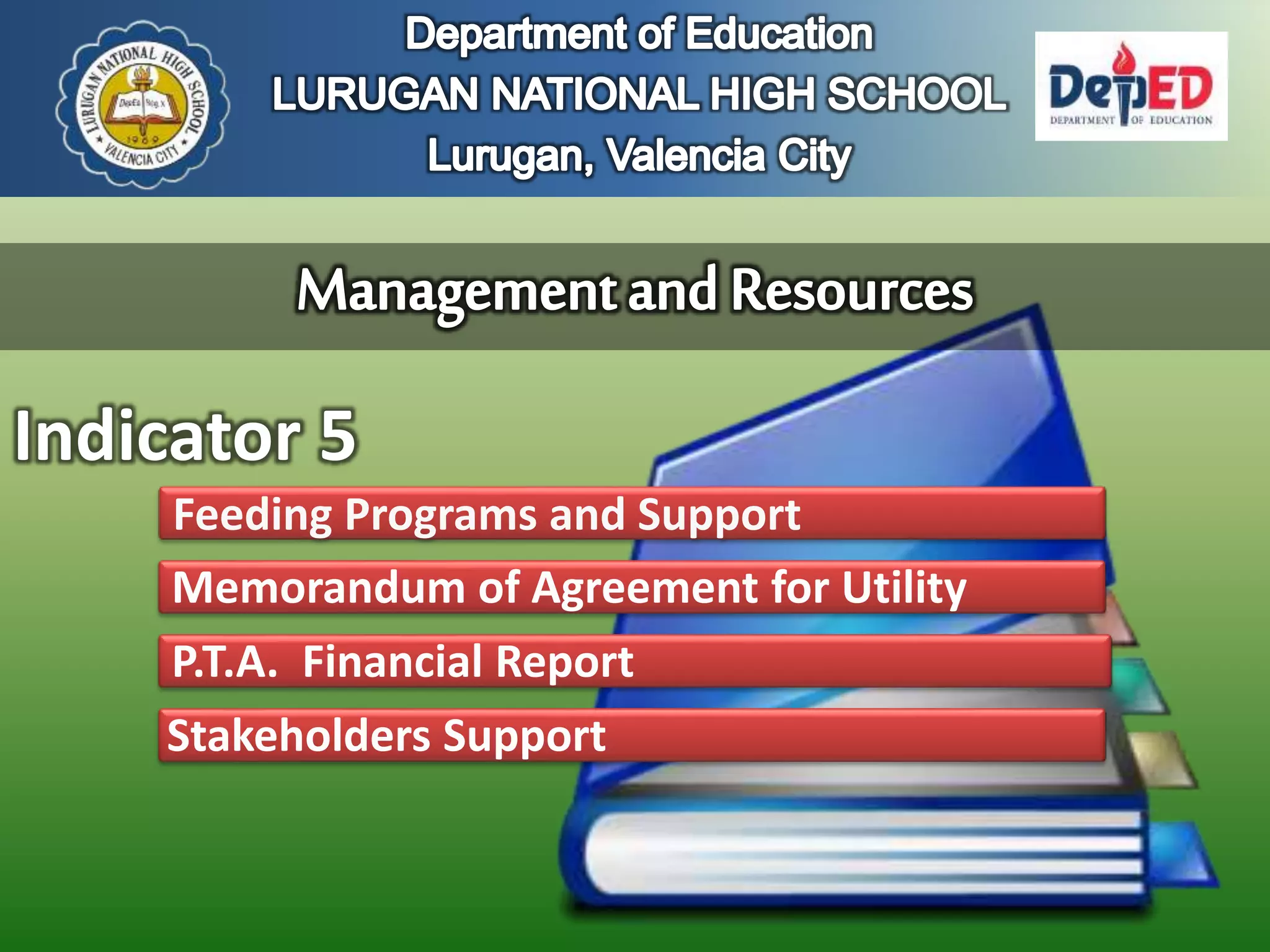 Indicator 5
Feeding Programs and Support
Memorandum of Agreement for Utility
P.T.A. Financial Report
Stakeholders Support
 