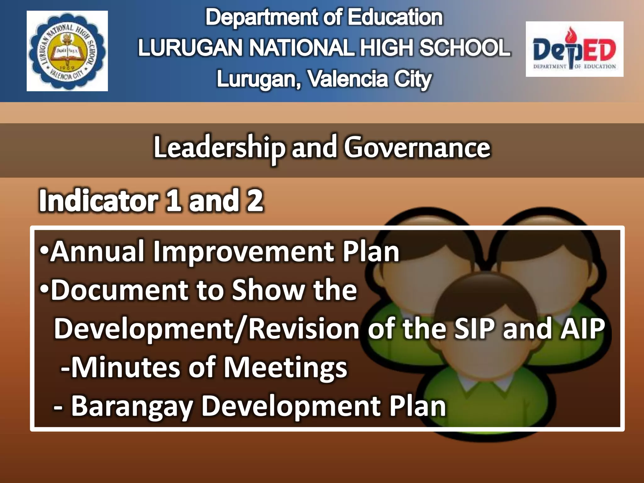 •Annual Improvement Plan
•Document to Show the
Development/Revision of the SIP and AIP
-Minutes of Meetings
- Barangay Development Plan
 