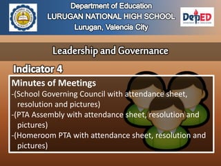 Minutes of Meetings
-(School Governing Council with attendance sheet,
resolution and pictures)
-(PTA Assembly with attendance sheet, resolution and
pictures)
-(Homeroom PTA with attendance sheet, resolution and
pictures)
 
