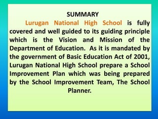 SUMMARY
Lurugan National High School is fully
covered and well guided to its guiding principle
which is the Vision and Mission of the
Department of Education. As it is mandated by
the government of Basic Education Act of 2001,
Lurugan National High School prepare a School
Improvement Plan which was being prepared
by the School Improvement Team, The School
Planner.
 