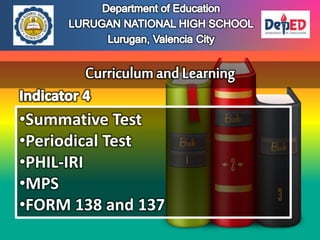 •Summative Test
•Periodical Test
•PHIL-IRI
•MPS
•FORM 138 and 137
 