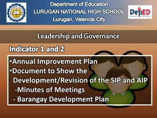 •Annual Improvement Plan
•Document to Show the
Development/Revision of the SIP and AIP
-Minutes of Meetings
- Barangay Development Plan
 