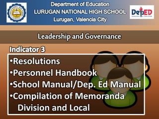 •Resolutions
•Personnel Handbook
•School Manual/Dep. Ed Manual
•Compilation of Memoranda
Division and Local
 
