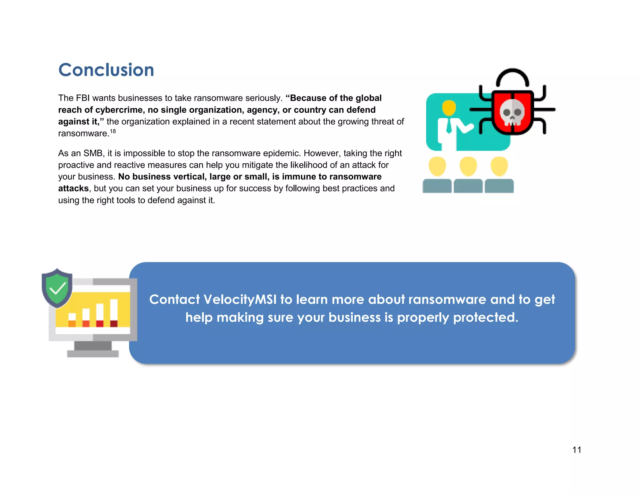 11
Conclusion
The FBI wants businesses to take ransomware seriously. “Because of the global
reach of cybercrime, no single organization, agency, or country can defend
against it,” the organization explained in a recent statement about the growing threat of
ransomware.18
As an SMB, it is impossible to stop the ransomware epidemic. However, taking the right
proactive and reactive measures can help you mitigate the likelihood of an attack for
your business. No business vertical, large or small, is immune to ransomware
attacks, but you can set your business up for success by following best practices and
using the right tools to defend against it.
Contact VelocityMSI to learn more about ransomware and to get
help making sure your business is properly protected.
 