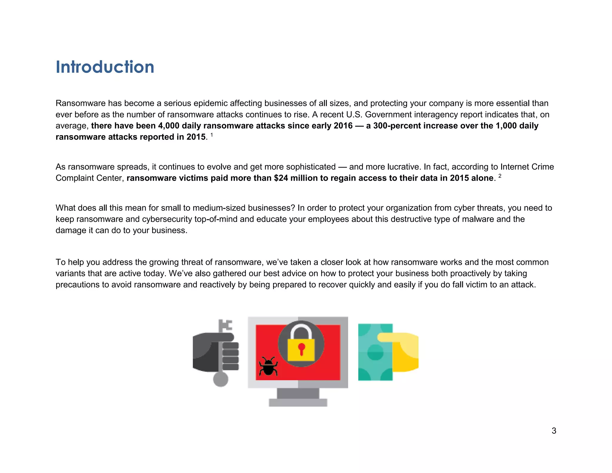 3
Introduction
Ransomware has become a serious epidemic affecting businesses of all sizes, and protecting your company is more essential than
ever before as the number of ransomware attacks continues to rise. A recent U.S. Government interagency report indicates that, on
average, there have been 4,000 daily ransomware attacks since early 2016 — a 300-percent increase over the 1,000 daily
ransomware attacks reported in 2015. 1
As ransomware spreads, it continues to evolve and get more sophisticated — and more lucrative. In fact, according to Internet Crime
Complaint Center, ransomware victims paid more than $24 million to regain access to their data in 2015 alone. 2
What does all this mean for small to medium-sized businesses? In order to protect your organization from cyber threats, you need to
keep ransomware and cybersecurity top-of-mind and educate your employees about this destructive type of malware and the
damage it can do to your business.
To help you address the growing threat of ransomware, we’ve taken a closer look at how ransomware works and the most common
variants that are active today. We’ve also gathered our best advice on how to protect your business both proactively by taking
precautions to avoid ransomware and reactively by being prepared to recover quickly and easily if you do fall victim to an attack.
 