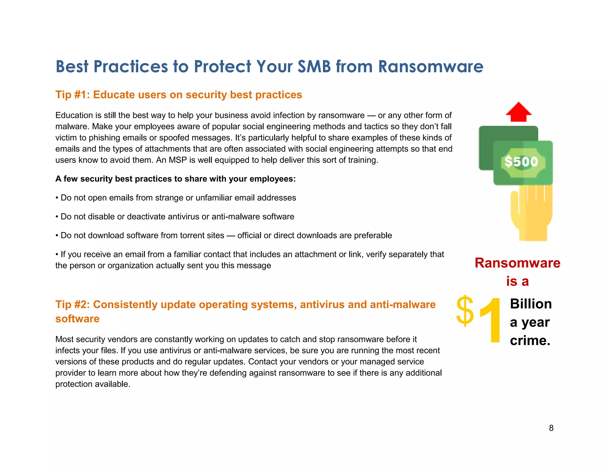 8
Best Practices to Protect Your SMB from Ransomware
Tip #1: Educate users on security best practices
Education is still the best way to help your business avoid infection by ransomware — or any other form of
malware. Make your employees aware of popular social engineering methods and tactics so they don’t fall
victim to phishing emails or spoofed messages. It’s particularly helpful to share examples of these kinds of
emails and the types of attachments that are often associated with social engineering attempts so that end
users know to avoid them. An MSP is well equipped to help deliver this sort of training.
A few security best practices to share with your employees:
• Do not open emails from strange or unfamiliar email addresses
• Do not disable or deactivate antivirus or anti-malware software
• Do not download software from torrent sites — official or direct downloads are preferable
• If you receive an email from a familiar contact that includes an attachment or link, verify separately that
the person or organization actually sent you this message
Tip #2: Consistently update operating systems, antivirus and anti-malware
software
Most security vendors are constantly working on updates to catch and stop ransomware before it
infects your files. If you use antivirus or anti-malware services, be sure you are running the most recent
versions of these products and do regular updates. Contact your vendors or your managed service
provider to learn more about how they’re defending against ransomware to see if there is any additional
protection available.
$
1
Ransomware
is a
Billion
a year
crime.
 