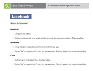 Your Brand Online: Personal, Organizational & CauseSocial Media Overview
Facebook
What’s On Your Mind?
Individuals
•	 Set up personal profiles
•	 You become friends with other people, and it’s reciprocal; the other person needs to OK you as a friend
Non-Profits
•	 Set up “company” pages (you can choose non-profit as your type)
•	 You can “like” a company, and it’s more of a one-way street. Gets your updates into someone’s news feed
Cause
•	 Could set up an “organization” type of company page
•	 You can “like” a company, and it’s more of a one-way street. Gets your updates into someone’s news feed
 