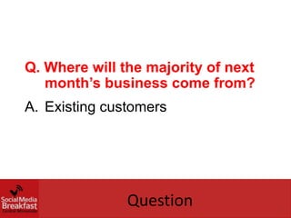 Q. Where will the majority of next
   month’s business come from?
A. Existing customers




               Question
 