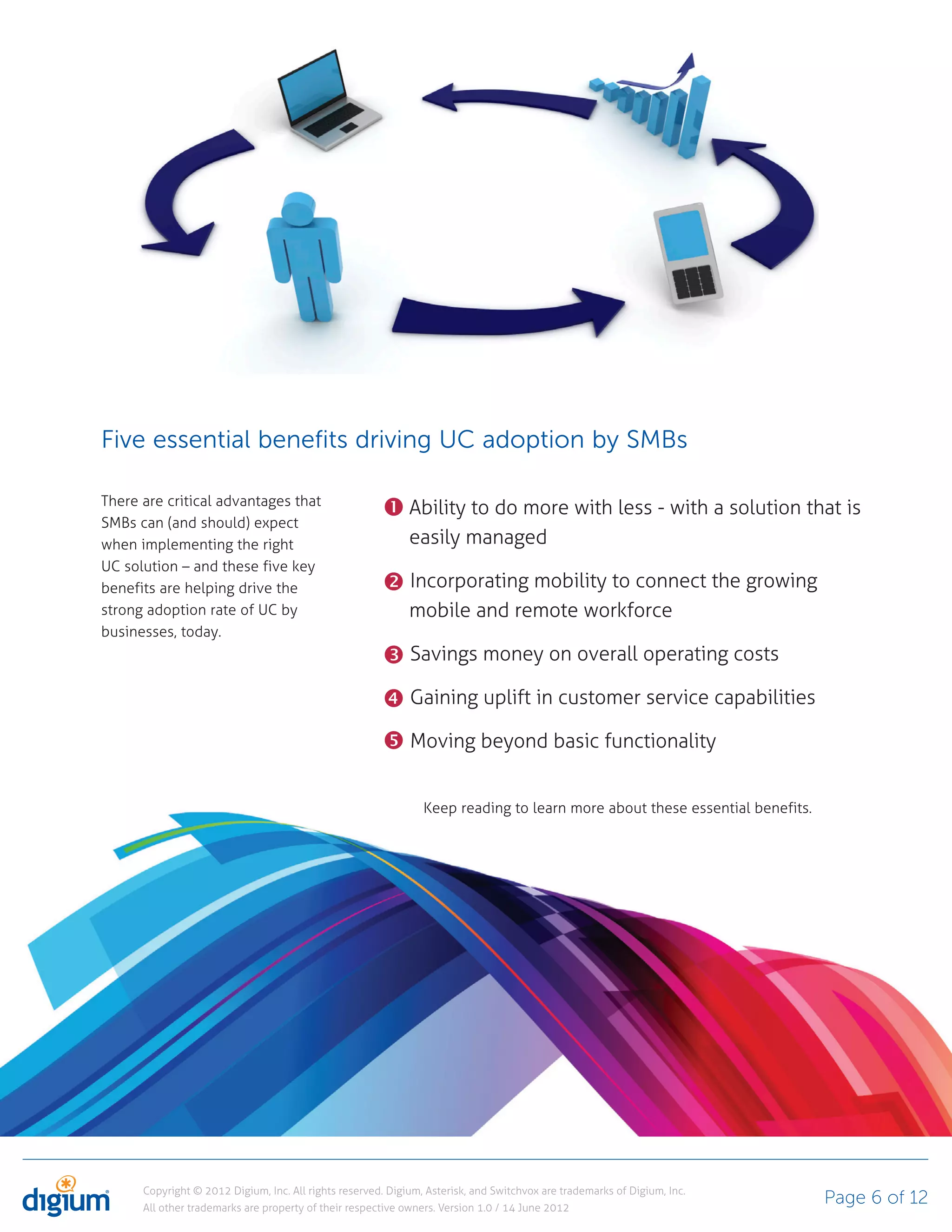 Five essential benefits driving UC adoption by SMBs

There are critical advantages that
                                                             Ability to do more with less - with a solution that is
SMBs can (and should) expect
when implementing the right                                  easily managed
UC solution – and these five key
benefits are helping drive the                               Incorporating mobility to connect the growing
strong adoption rate of UC by                                mobile and remote workforce
businesses, today.
                                                             Savings money on overall operating costs

                                                             Gaining uplift in customer service capabilities

                                                             Moving beyond basic functionality


                                                                Keep reading to learn more about these essential benefits.




      Copyright © 2012 Digium, Inc. All rights reserved. Digium, Asterisk, and Switchvox are trademarks of Digium, Inc.
      All other trademarks are property of their respective owners. Version 1.0 / 14 June 2012
                                                                                                                             Page 6 of 12
 