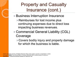 Property and Casualty
Insurance (cont.)
 Business Interruption Insurance
Reimburses for lost income plus
continuing expe...