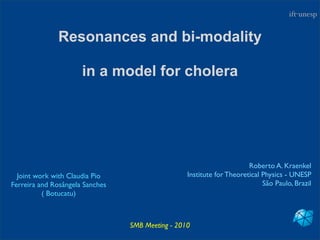 ift-unesp


              Resonances and bi-modality

                      in a model for cholera




                                                                       Roberto A. Kraenkel
  Joint work with Claudia Pio                     Institute for Theoretical Physics - UNESP
Ferreira and Rosângela Sanches                                              São Paulo, Brazil
          ( Botucatu)



                                 SMB Meeting - 2010
 