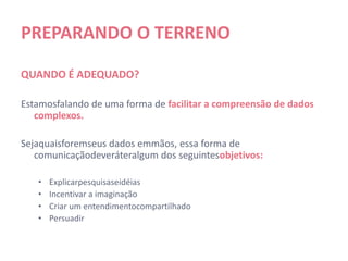 PREPARANDO O TERRENO

QUANDO É ADEQUADO?

Estamos falando de uma forma de facilitar a compreensão de dados
   complexos.

Seja quais forem seus dados em mãos, essa forma de comunicação
   deverá ter algum dos seguintes objetivos:

   •   Explicar pesquisas e idéias
   •   Incentivar a imaginação
   •   Criar um entendimento compartilhado
   •   Persuadir
 