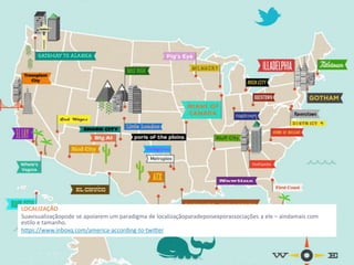 LOCALIZAÇÃO
Sua visualização pode se apoiar em um paradigma de localização para depois expor associações a ele – ainda mais com
estilo e tamanho.
https://www.inboxq.com/america-according-to-twitter
 