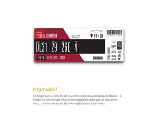 O QUE NÃO É
Redesign que a Delta fez de seus bilhetes não é visualização de dados – é
design de informação. Mas há muitos aprendizados que se possa tirar
disso, como a hierarquia de informação por cor e tamanho.
 