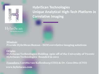 HybriScan Technologies
Unique Analytical High-Tech Platform in
Correlative Imaging
Mission:
Provide HybriScan Raman –SEM correlative imaging solutions
Origin:
Hybriscan Technologies Holding -spin off of the University of Twente
Hybriscan Technologies -founded in 2011
Founders: Loretta van Kollenburg (CEO) & Dr. Cees Otto (CTO)
www.hybriscan.com
 