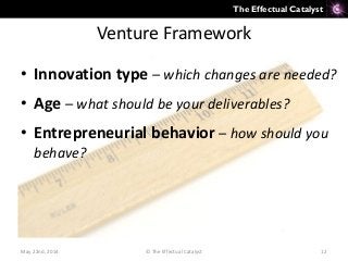 The Effectual Catalyst
Venture Framework
• Innovation type – which changes are needed?
• Age – what should be your deliverables?
• Entrepreneurial behavior – how should you
behave?
May 22nd, 2014 © The Effectual Catalyst 12
 