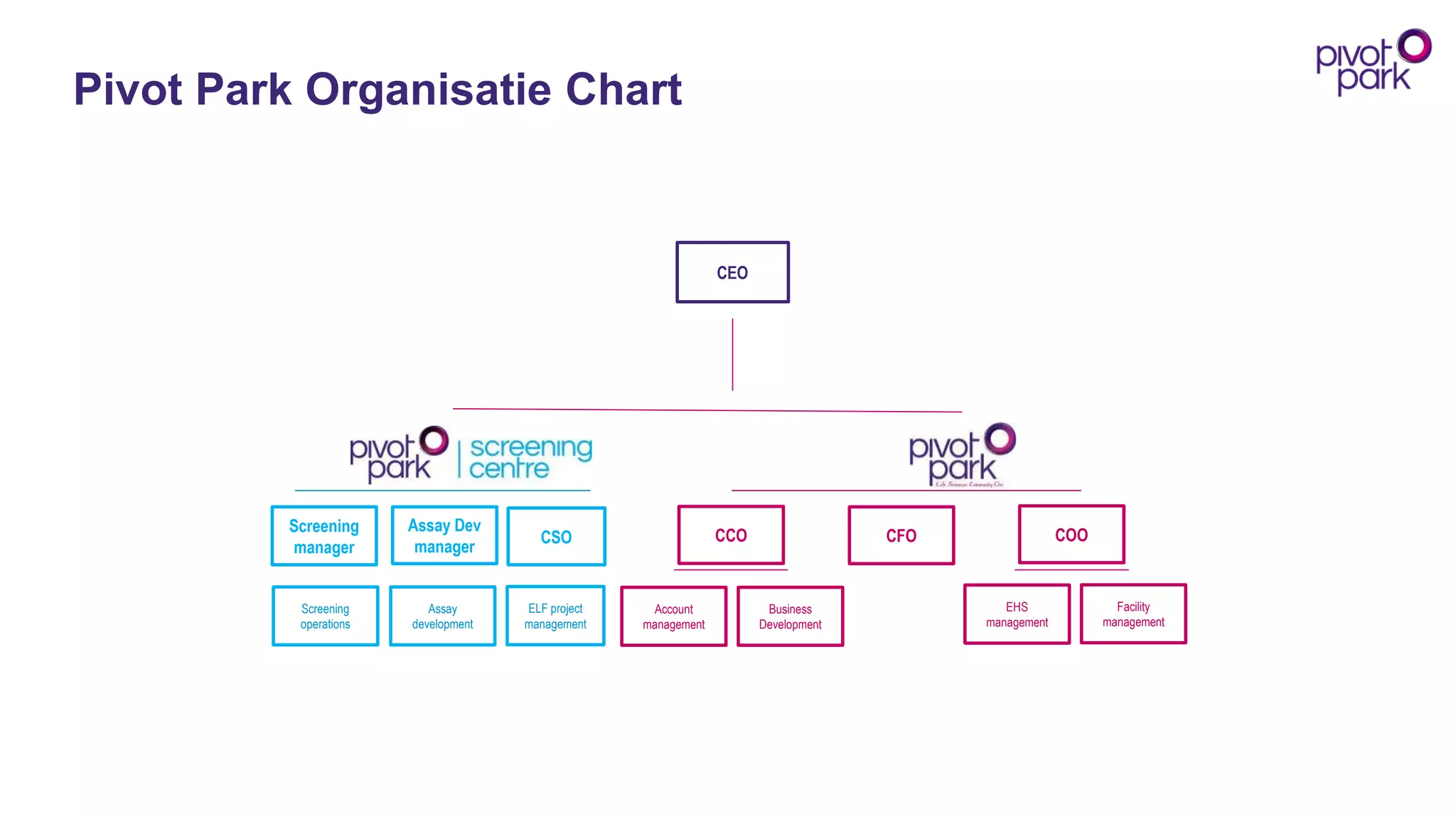 Pivot Park OrganisatieChart 
ELF project management 
Screening 
manager 
Screening operations 
Assay development 
Assay Dev manager 
CSO 
CEO 
CFO 
COO 
CCO 
Business Development 
EHS management 
Facility management 
Account management  