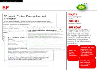 C A S E    S T U D Y   –
          B P




BP
                            WHAT?
                            Crisis management
                            Petrol
                            WHERE?
                            Facebook, Twitter


                            BUT HOW?
                           Everyone has heard of the oil
                           spill that BP had to face in the
                           gulf of Mexico. Social media
                           has played a significant role in
                           amplifying and consolidating
                           community outrage at the
                           handling of the Gulf of Mexico
                           crisis by BP.

                                            The words „BP‟ have
                                            appeared in over
                            BP has lost     9,000 blogs, over
                            over $1         23,000 tweets and
                            Billion in      49.5 million Twitter
                            brand value     impressions


                                            Over 750,000 people
                                            have joined the
                                            Facebook page
                                            „Boycott BP‟
 