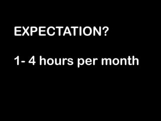 EXPECTATION?
!
1- 4 hours per month
!
 