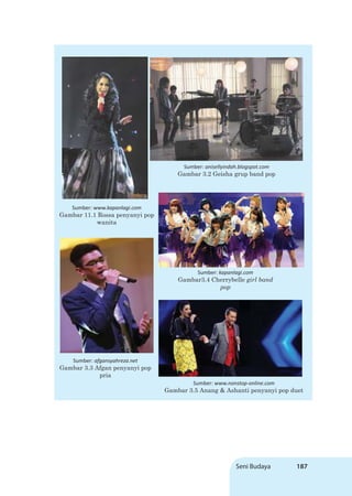 Seni Budaya 187
Sumber: www.kapanlagi.com
Gambar 11.1 Rossa penyanyi pop
wanita
Sumber: anisellyindah.blogspot.com
Gambar 3.2 Geisha grup band pop
Sumber: afgansyahreza.net
Gambar 3.3 Afgan penyanyi pop
pria
Sumber: kapanlagi.com
Gambar3.4 Cherrybelle girl band
pop
Sumber: www.nonstop-online.com
Gambar 3.5 Anang & Ashanti penyanyi pop duet
 