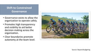 Shift to Constrained
Governance
Source: Beyond Budgeting
• Governance exists to allow the
organization to operate safely.
• Promotes high transparency
and visibility to aid better
decision making across the
organization.
• Clear boundaries promote
autonomy at the team level.
 