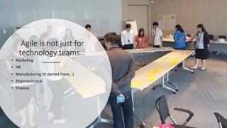 Agile is not just for
technology teams…
• Marketing
• HR
• Manufacturing (it started there…)
• Pharmaceutical
• Finance
 