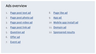 Ads overview
1.  Page post text ad    8.  Page like ad
2.  Page post photo ad   9.  App ad
3.  Page post video ad   10.  Mobile app install ad
4.  Page post link ad    11.  Domain ad
5.  Question ad          12.  Sponsored results
6.  Offer ad
7.  Event ad
 