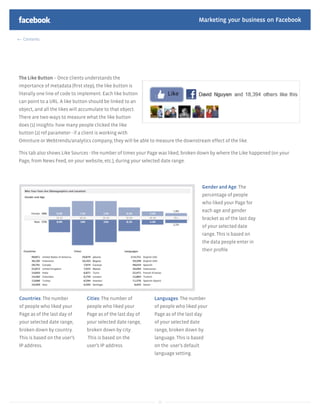 Marketing your business on Facebook

  Contents




The Like Button – Once clients understands the
importance of metadata (ﬁrst step), the like button is
literally one line of code to implement. Each like button
can point to a URL. A like button should be linked to an
object, and all the likes will accumulate to that object.
There are two ways to measure what the like button
does (1) insights- how many people clicked the like
button (2) ref:parameter - if a client is working with
Omniture or Webtrends/analytics company, they will be able to measure the downstream effect of the like.

This tab also shows Like Sources - the number of times your Page was liked, broken down by where the Like happened (on your
Page, from News Feed, on your website, etc.), during your selected date range.




                                                                                         Gender and Age: The
                                                                                         percentage of people
                                                                                         who liked your Page for
                                                                                         each age and gender
                                                                                         bracket as of the last day
                                                                                         of your selected date
                                                                                         range. This is based on
                                                                                         the data people enter in
                                                                                         their proﬁle




Countries: The number            Cities: The number of         Languages: The number
of people who liked your         people who liked your         of people who liked your
Page as of the last day of       Page as of the last day of    Page as of the last day
your selected date range,        your selected date range,     of your selected date
broken down by country.          broken down by city.          range, broken down by
This is based on the user’s       This is based on the         language. This is based
IP address.                      user’s IP address.            on the user’s default
                                                               language setting.




                                                                 23
 